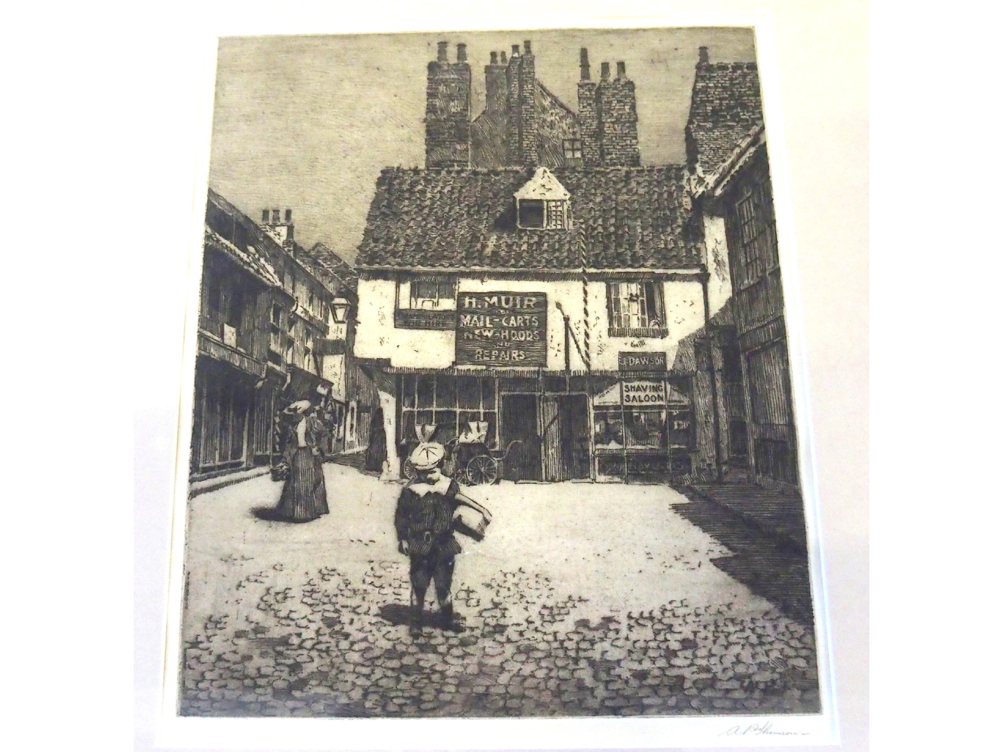 Appraisal: A P THOMSON Cobbled Street York Cathedral Entrance signed etching