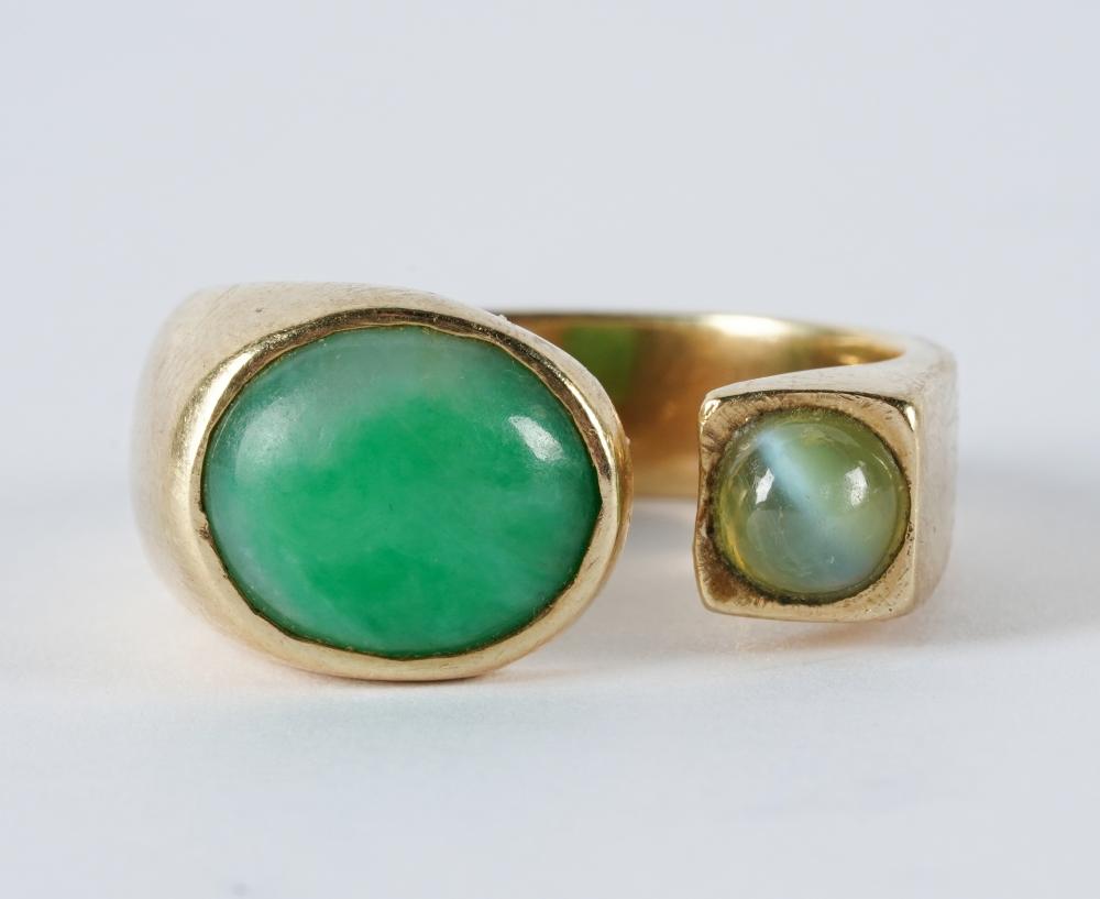 Appraisal: KARAT YELLOW GOLD JADE CAT'S EYE CHRYSOBERYL RINGcontaining one oval