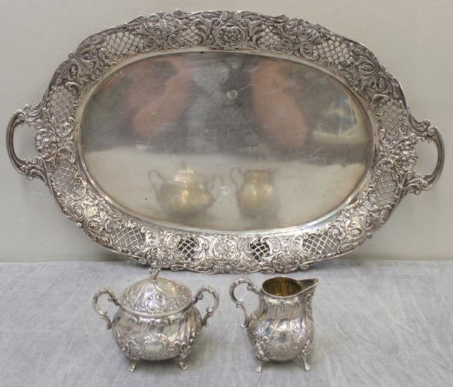 Appraisal: SILVER Silver Tray with Sugar and Creamer Stamped with a