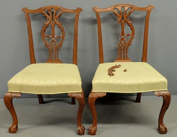 Appraisal: Two Chippendale style mahogany side chairs As found h x