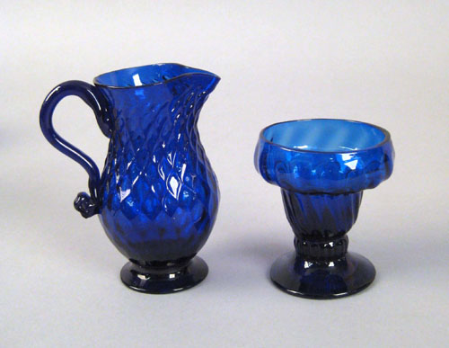 Appraisal: Cobalt blown glass creamer and salt th c in a