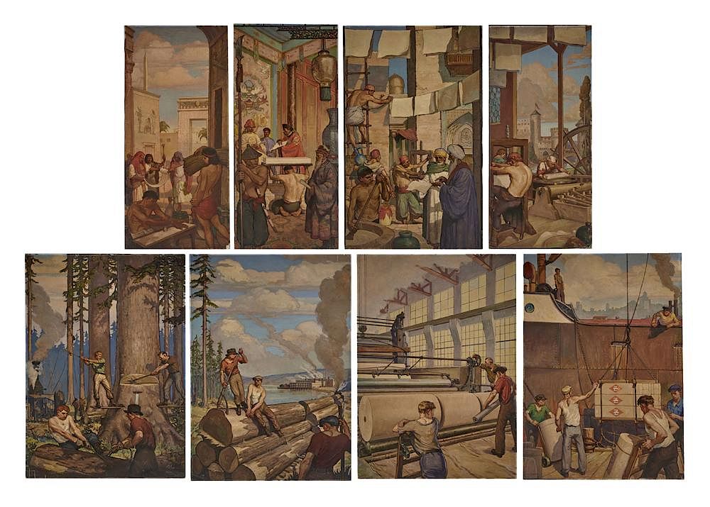 Appraisal: Warren Chase Merritt panel mural History of Paper Making Warren