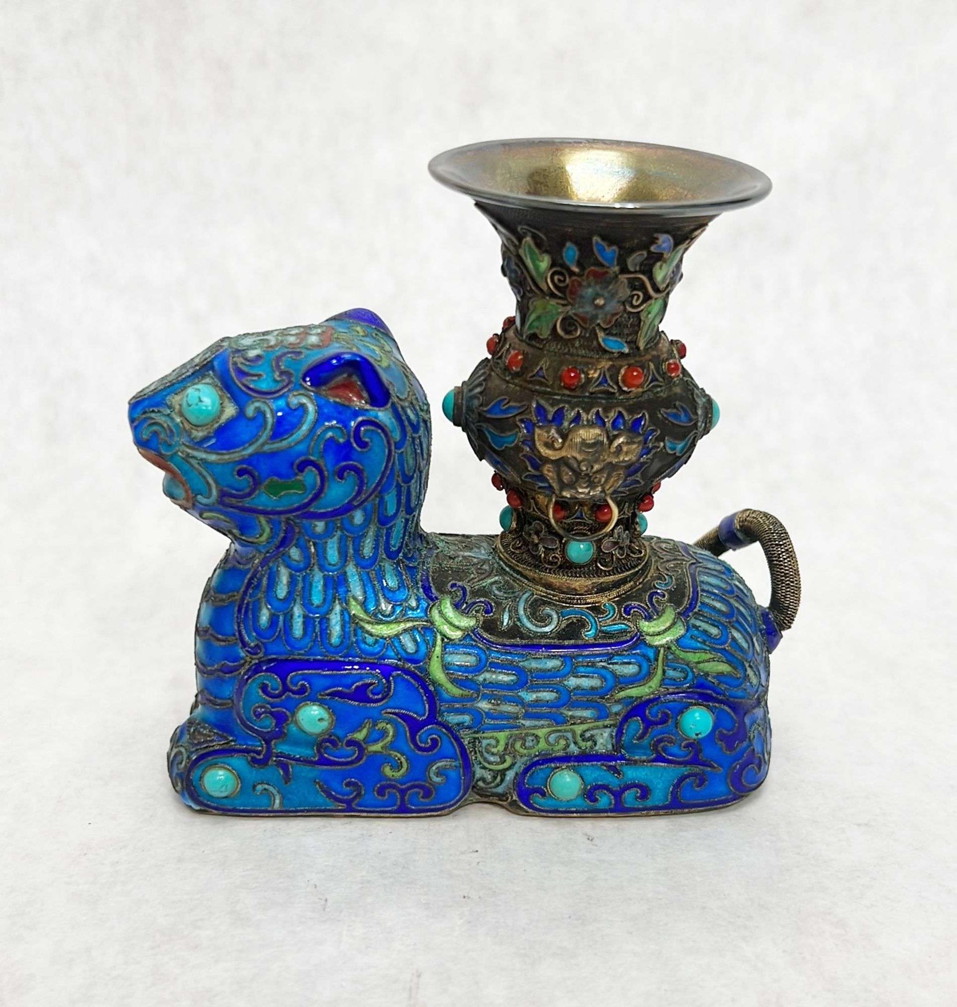 Appraisal: Chinese Silver Filigree Enameled Figural Cat Vase tall long Condition