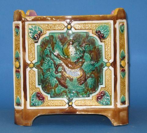 Appraisal: A VICTORIAN STYLE MAJOLICA JARDINIERE of square form with canted