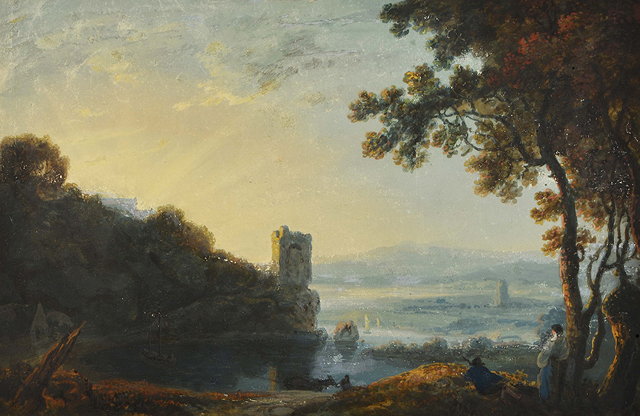 Appraisal: THOMAS WALMSLEY - A romantic lakeside landscape with figures at