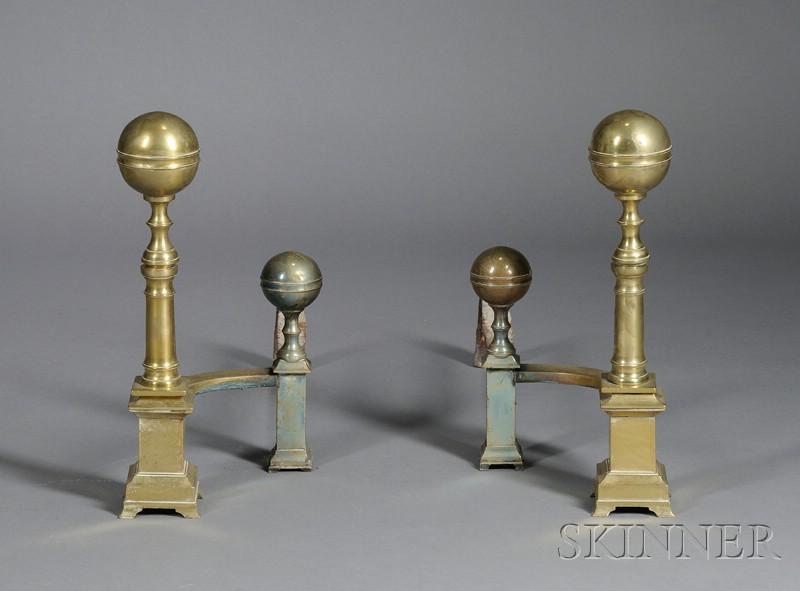 Appraisal: Pair of Brass and Iron Ball-top Andirons Boston early th