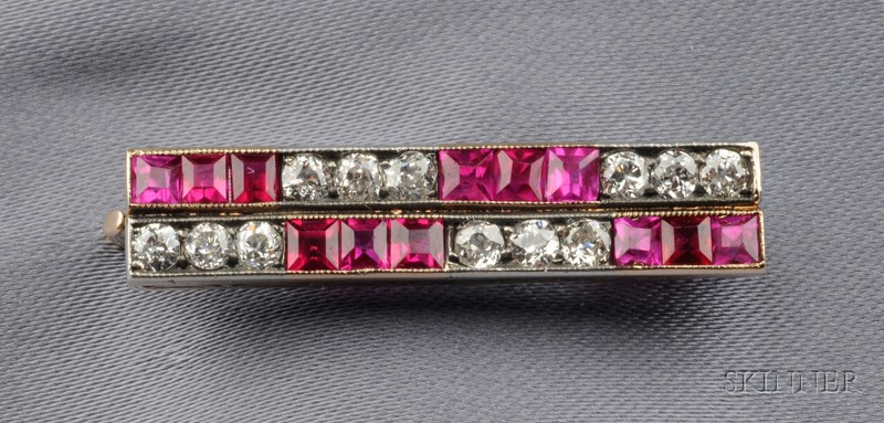 Appraisal: Edwardian kt Gold Synthetic Ruby and Diamond Brooch Russia channel-set