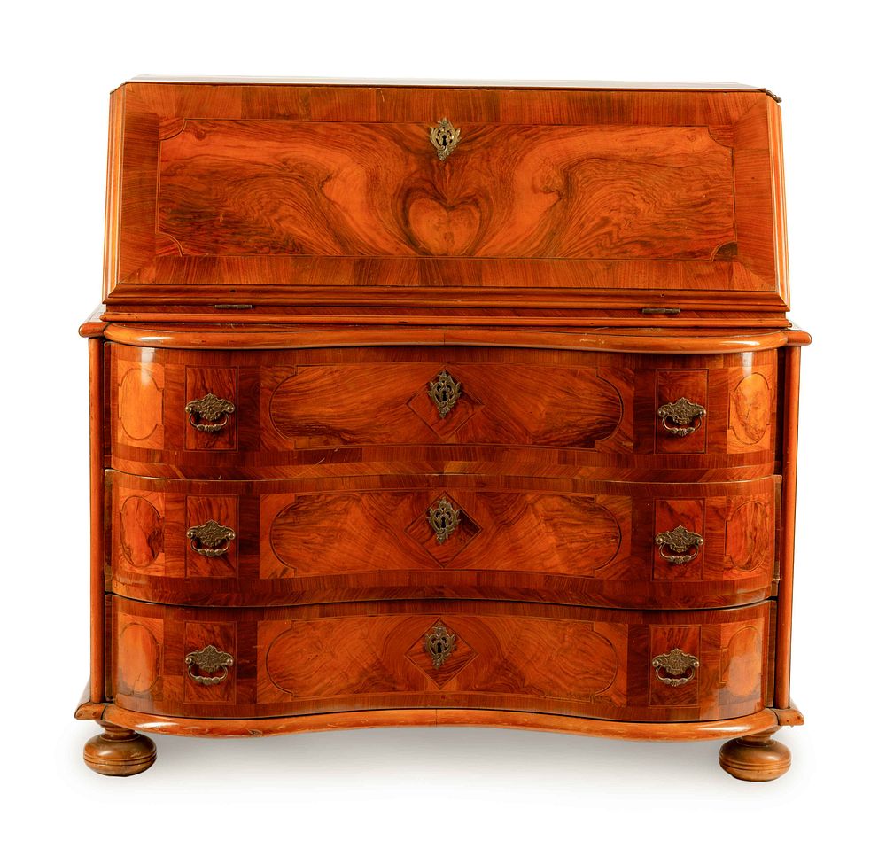 Appraisal: A Continental Burl Walnut Slant-Front Bureau A Continental Burl Walnut