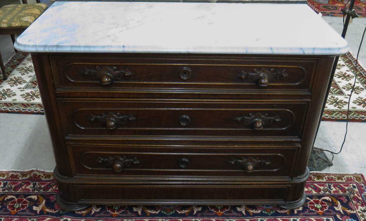 Appraisal: VICTORIAN MARBLE-TOP WALNUT DRESSER Renaissance Revival American c a -drawer