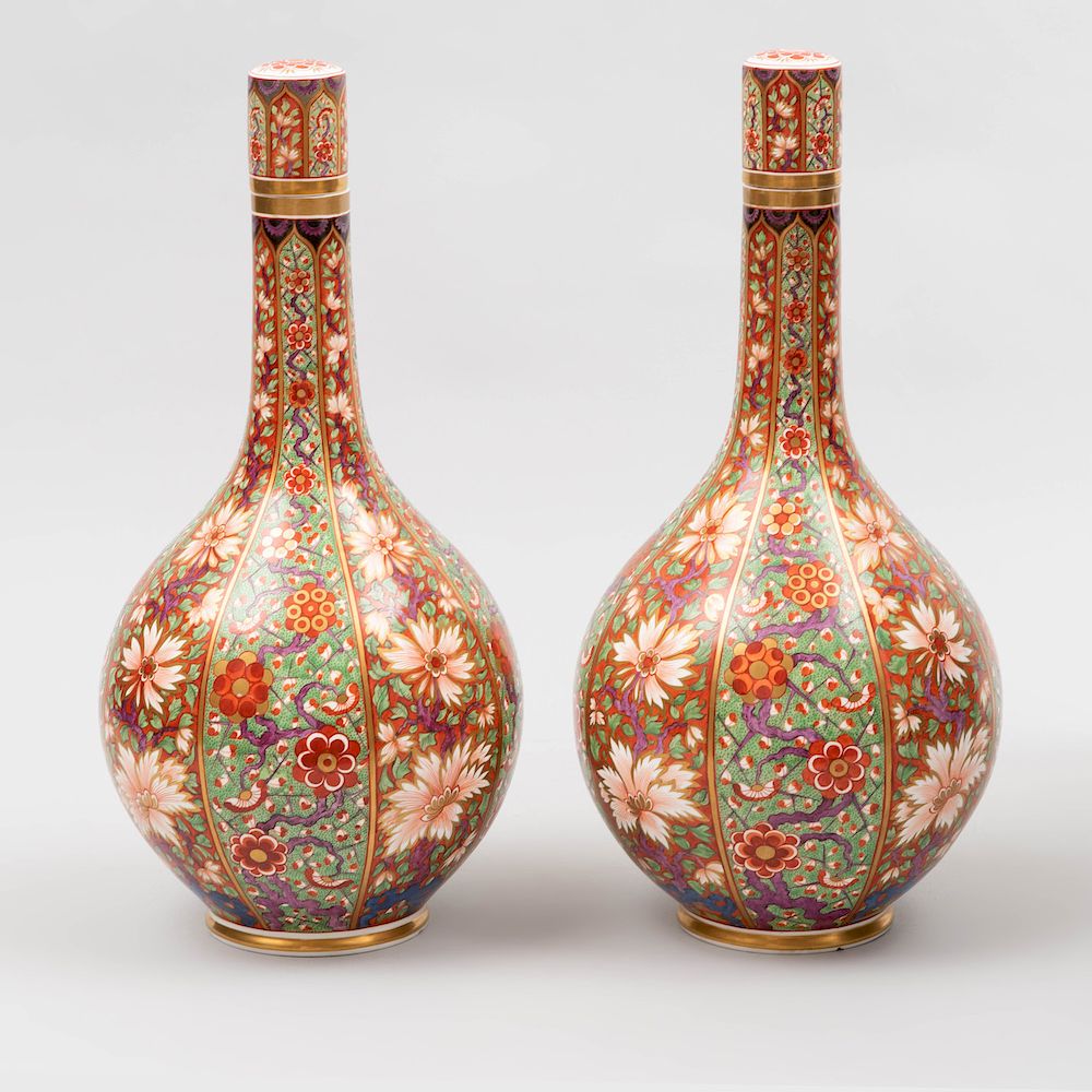 Appraisal: Pair of English Polychrome Decorated Porcelain Bottle Form Vases and