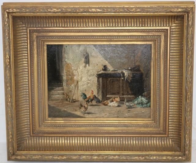 Appraisal: CHARLES EMILE JACQUE - FRANCE OILPAINTING ON BOARD DEPICTING CHICKENS