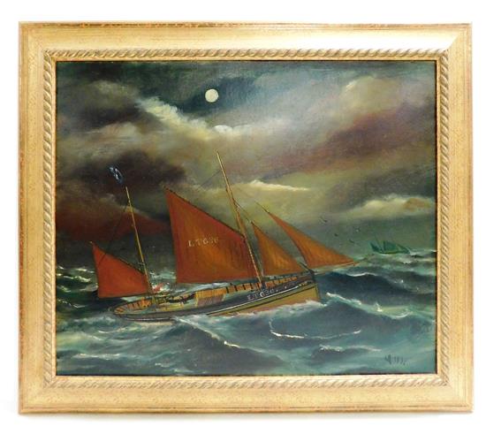 Appraisal: th C nocturnal seascape oil on board depicting red-sailed schooner