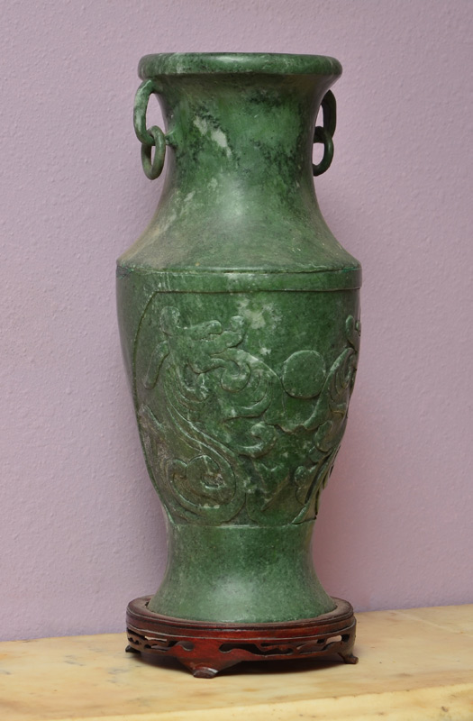 Appraisal: LARGE CARVED SOAPSTONE VASE Baluster form variegated green soapstone with