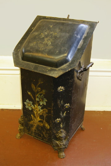 Appraisal: Tall English Brass-Mounted Tole-Peinte Slant-Front Parlor Coal Bin third quarter