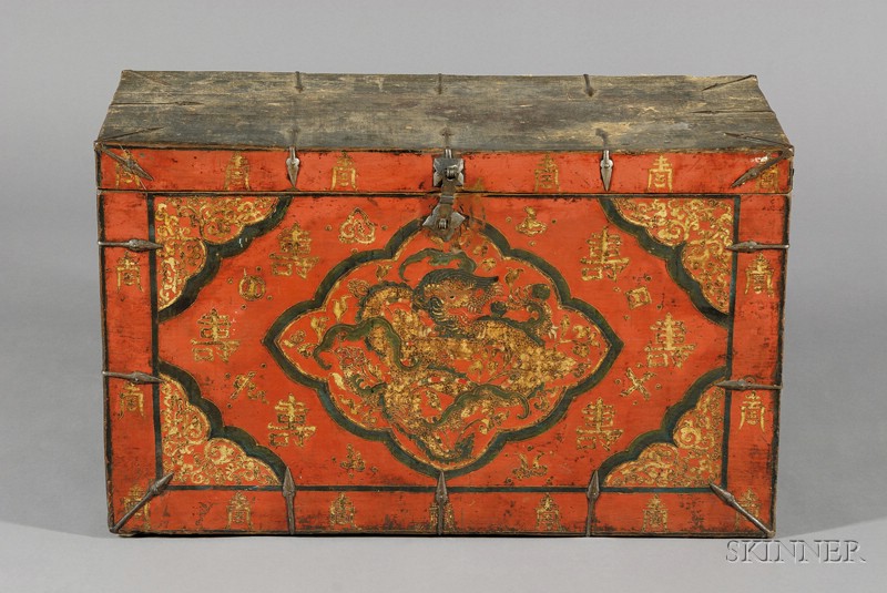 Appraisal: Painted Storage Chest Tibet th century leather and fabric sides