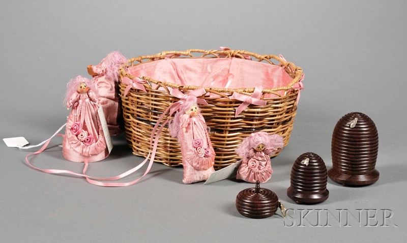 Appraisal: Round Wicker Sewing Basket th century lined with pink shantung