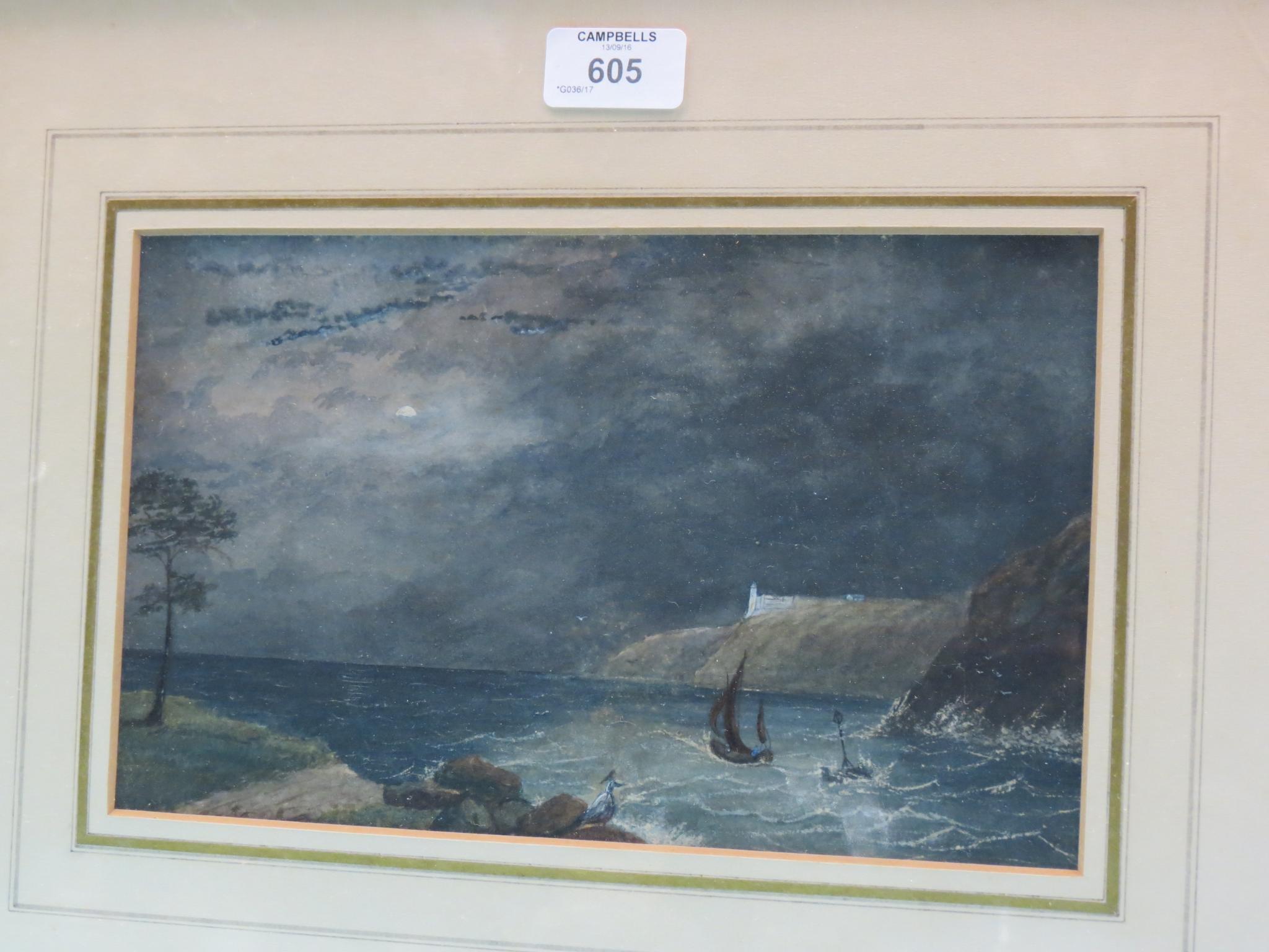 Appraisal: A watercolour - moonlit coastal view unsigned x in and