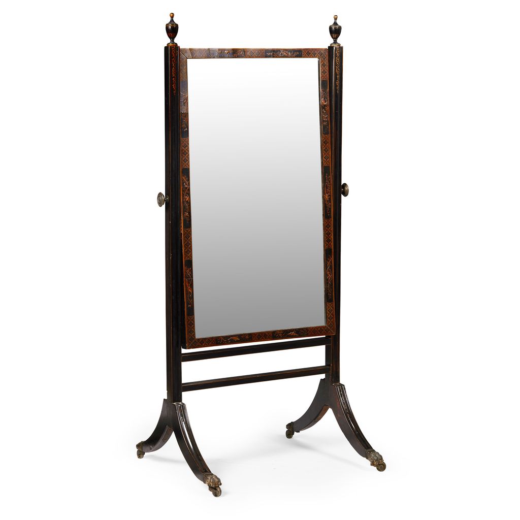 Appraisal: REGENCY STYLE BLACK JAPANNED CHEVAL MIRROR EARLY TH CENTURY the