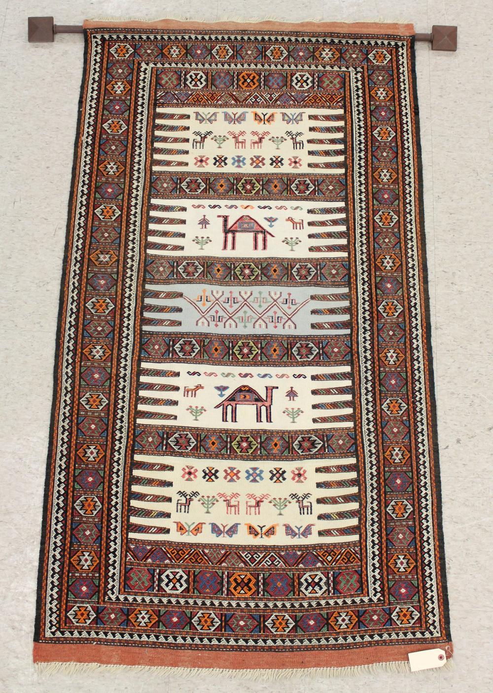 Appraisal: TURKISH FLATWEAVE WALL RUG WITH HANGER BAR featuring five horizontal