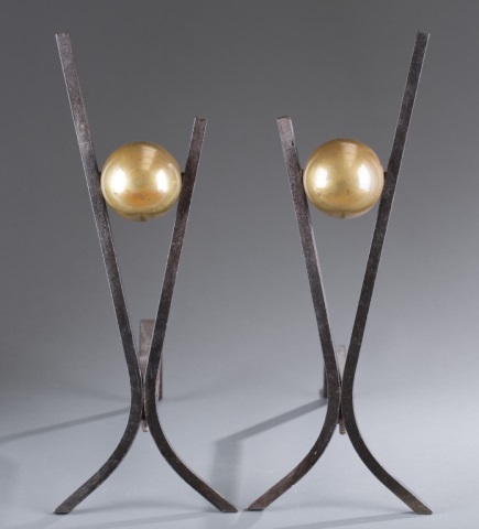 Appraisal: Pair of Brass Globe Andirons Wrought iron frame mounted brass