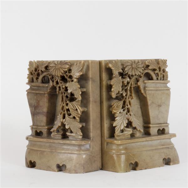 Appraisal: Pair of Chinese carved soapstone floral arrangement bookends H x