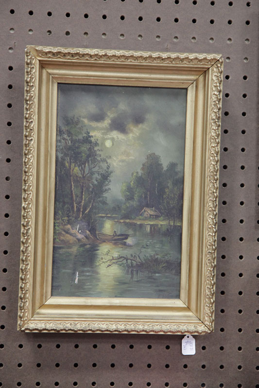 Appraisal: OIL PAINTING WITH FISHING SCENE Oil on artist's board depicting