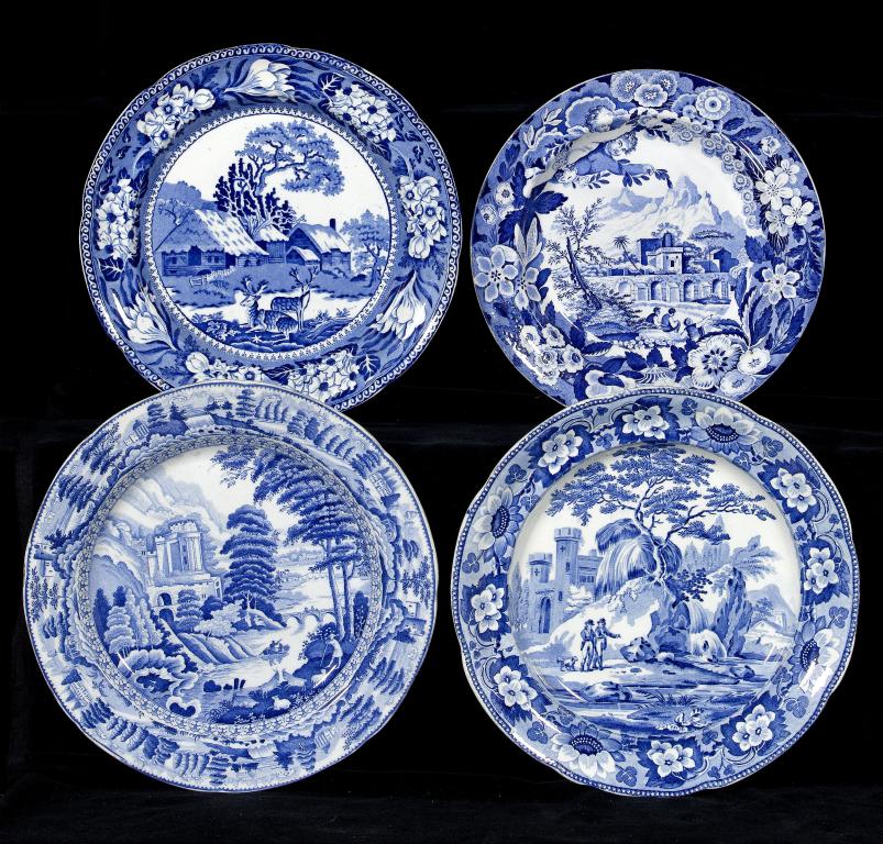 Appraisal: FOUR BLUE PRINTED EARTHENWARE PLATES comprising Don Pottery Named Italian