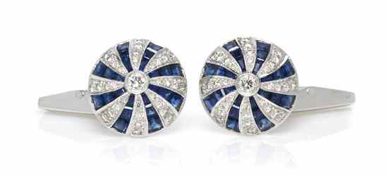 Appraisal: A Pair of Karat White Gold Sapphire and Diamond Cufflinks