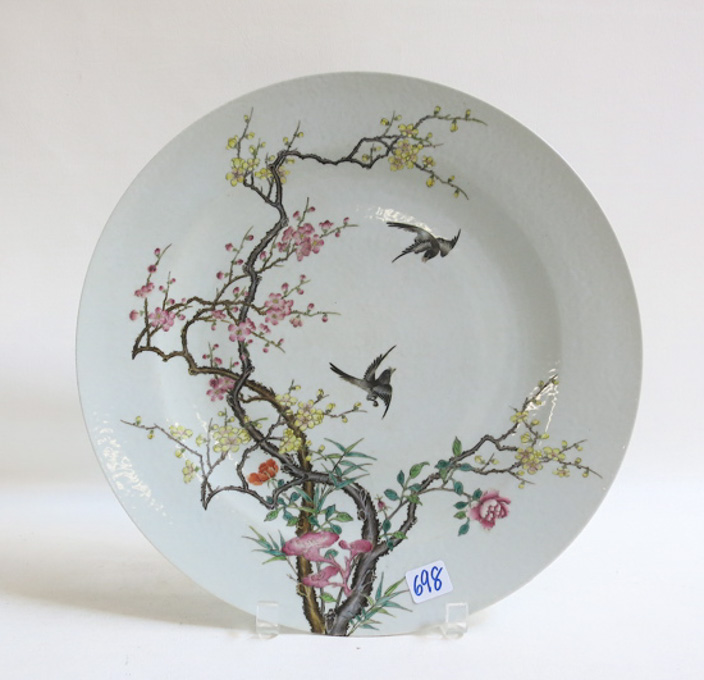 Appraisal: CHINESE ENAMELED PORCELAIN PLATE featuring birds and flowers hand enameled