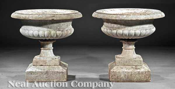 Appraisal: A Pair of Antique Continental Marble Urns th c flared