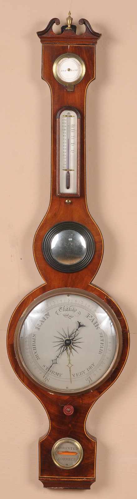 Appraisal: GEORGE III INLAID MAHOGANY BANJO BAROMETER With dry damp thermometer