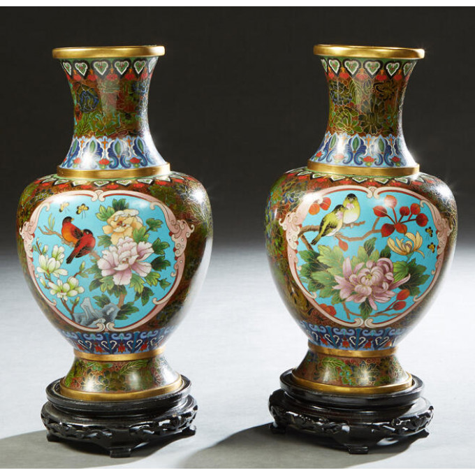 Appraisal: Pair of Elaborate Chinese Cloisonne Baluster Vases th c with