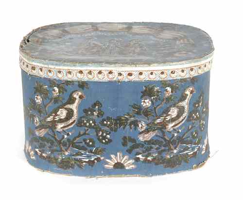 Appraisal: Wallpaper hat box th c with foliate and bird motifs