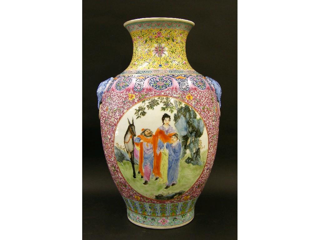 Appraisal: Chinese ovoid polychrome enamel vase decorated with an oval panel