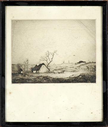 Appraisal: Continental School Landscape with Thatched Cottage Etching signed lower right