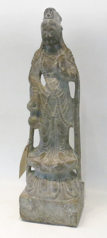 Appraisal: CHINESE CARVED STONE GUANYIN SCULPTURE standing in traditional pose and