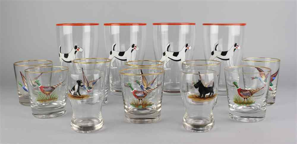 Appraisal: SPORTING THEMED BAR WARES including old fashioned glasses with raised