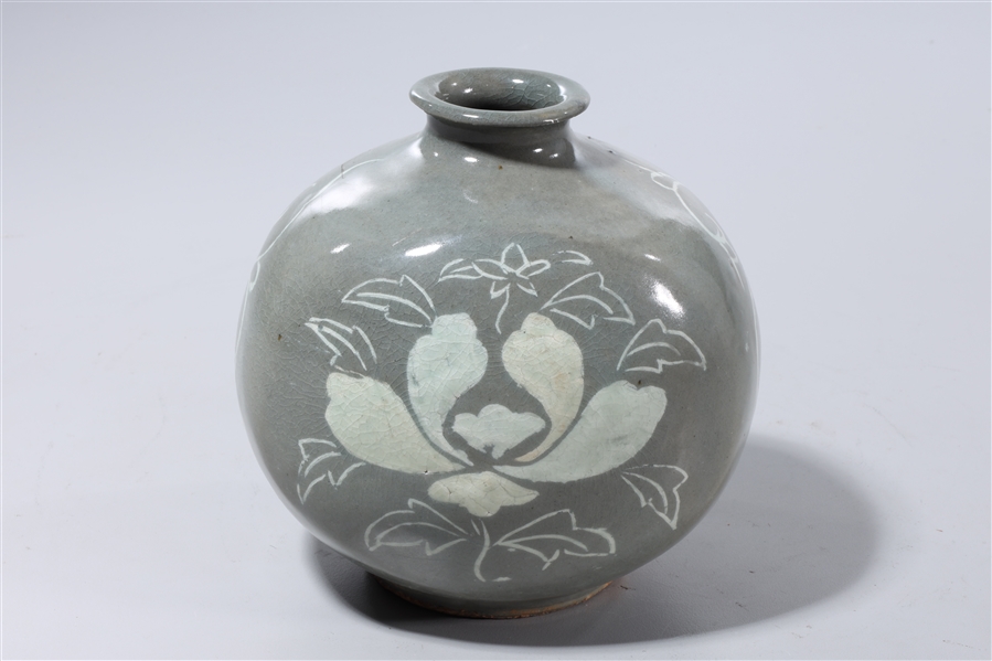 Appraisal: Korean celadon glazed flask with flowers x approx