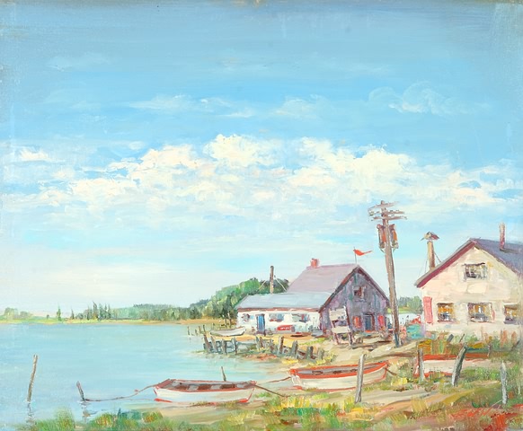 Appraisal: Seascape with two houses and boats at water's edge oil