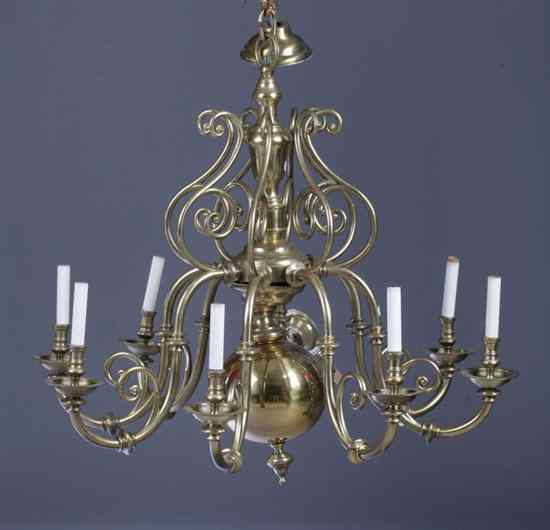 Appraisal: DUTCH STYLE BRASS SIX-LIGHT CHANDELIER In the Baroque taste Scrolling