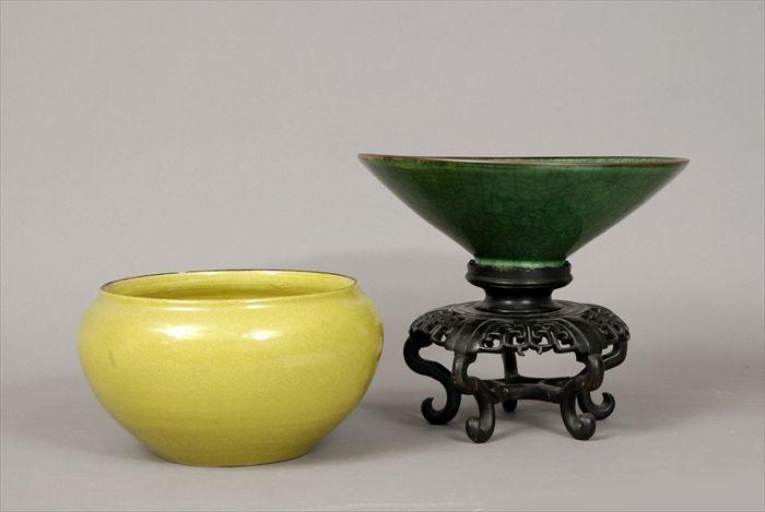 Appraisal: Chinese Green Crackle-Glazed Porcelain Bowl on Stand Together with a