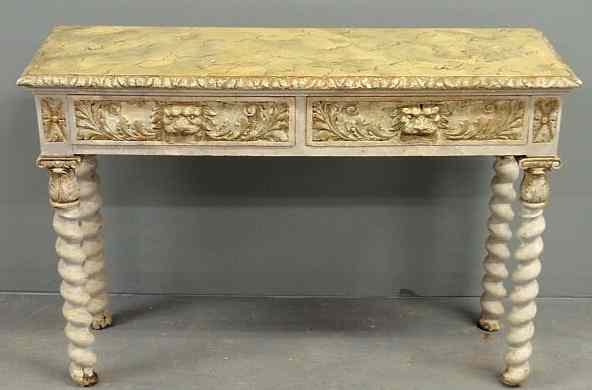 Appraisal: Continental two-drawer table with leopard head pulls and painted faux