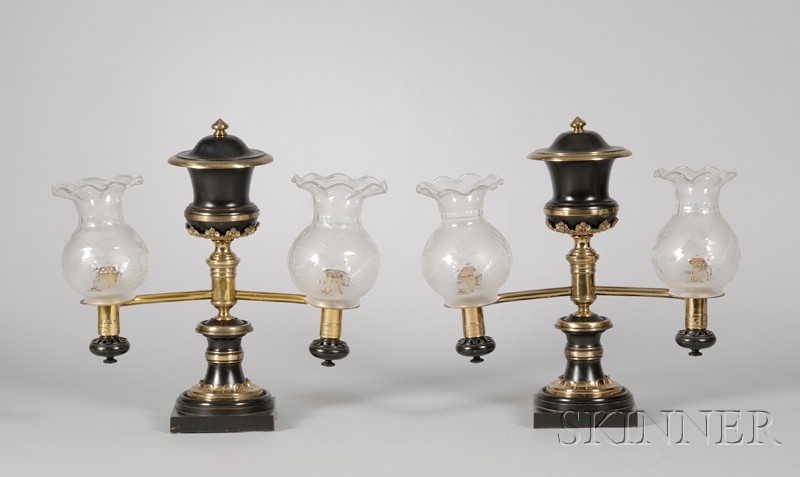 Appraisal: Pair of Empire Part-ebonized Brass Argand Table Lamps with Etched