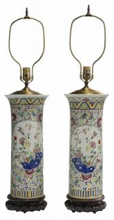 Appraisal: Pair Famille Rose Porcelain Vases Converted to Lamps Chinese late