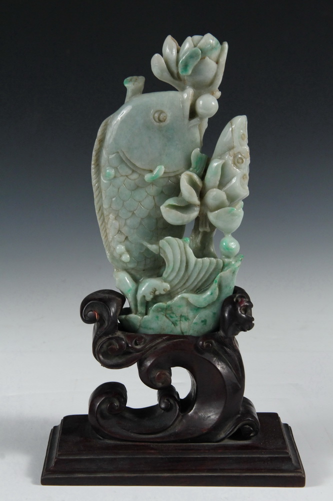 Appraisal: CHINESE HARDSTONE CARVING ON STAND - Late Qing Jadeite Carving