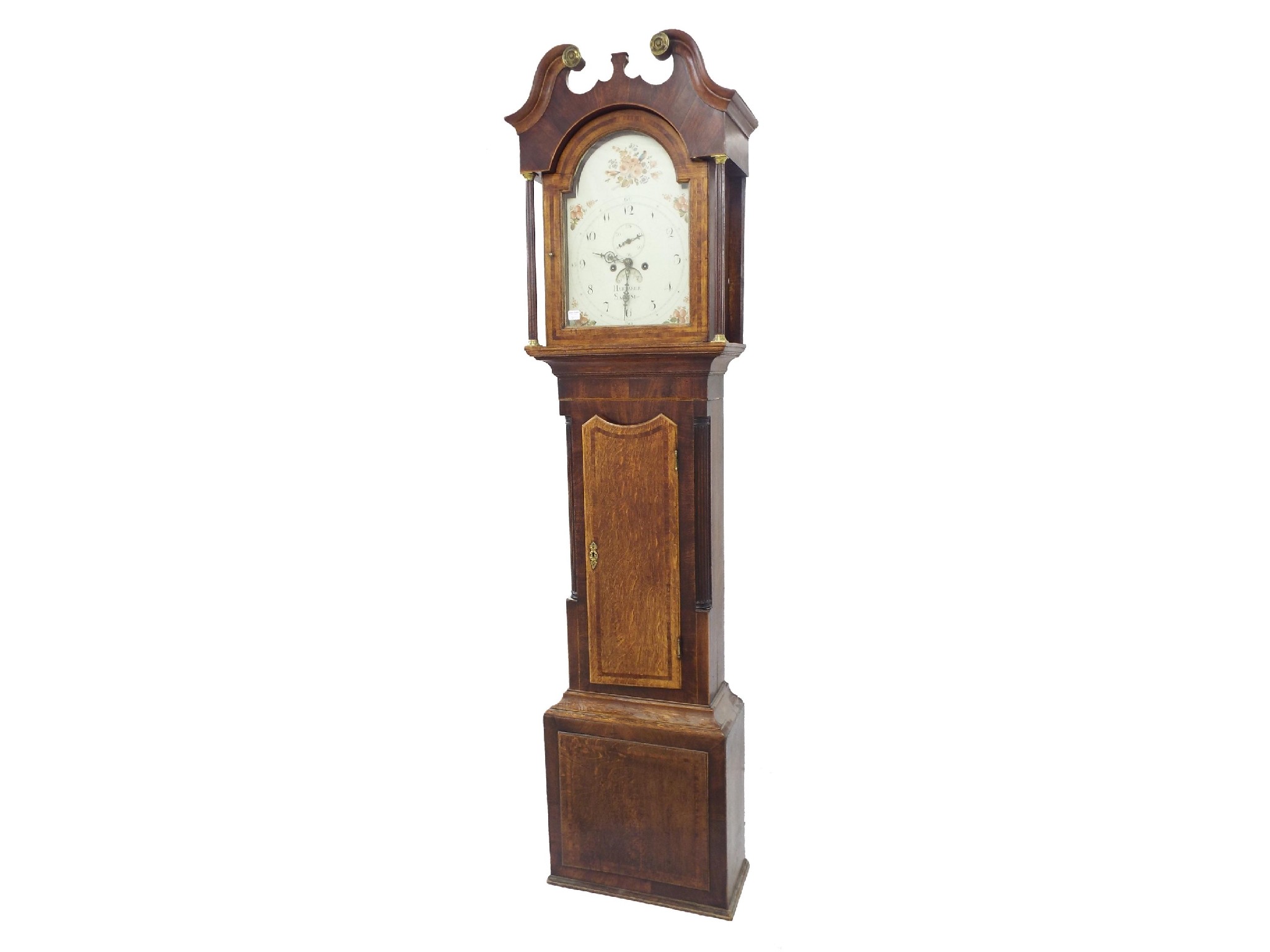 Appraisal: Oak and mahogany crossbanded eight day longcase clock the painted