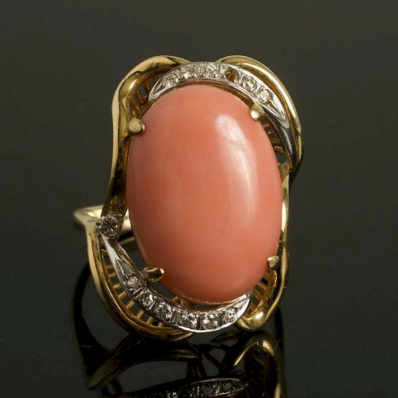 Appraisal: Coral and Diamond k Ring Coral k ring accented by