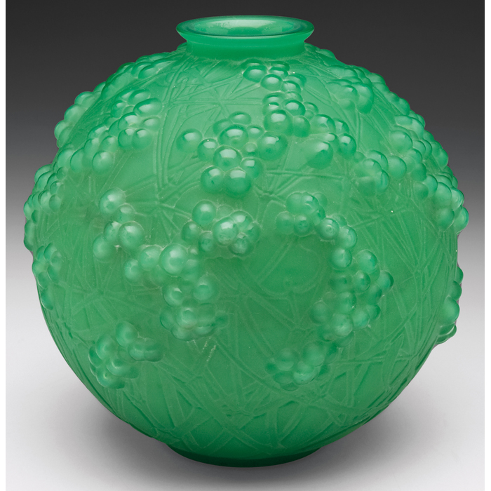 Appraisal: R Lalique vase ball-shape ingreen glass with overlapping stemsand berry