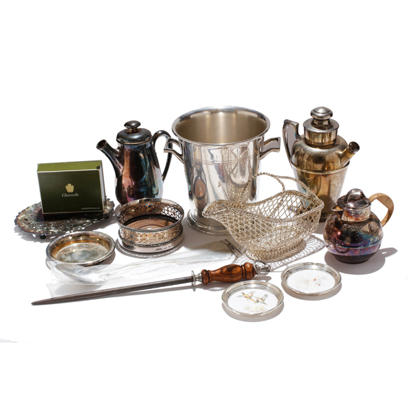 Appraisal: Collection of silver plated table articles Apollo wine champagne cooler