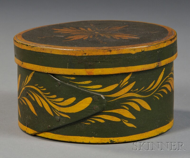 Appraisal: Green and Yellow Paint-decorated Lapped-seam Covered Box America th century